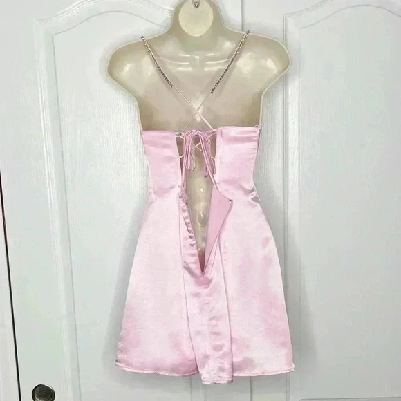 NWOT For Love & Lemons Elora Satin Strappy-Back Mini Pink Dress Size Large - Picture 8 of 12